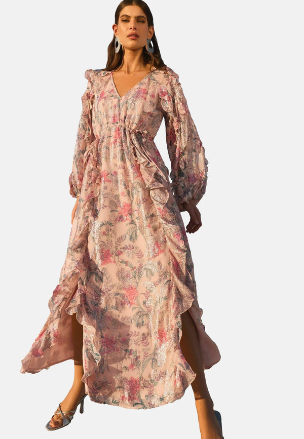 REGULAR FIT - PRINTED RUFFLE V-NECK - Robe longue - pink floral