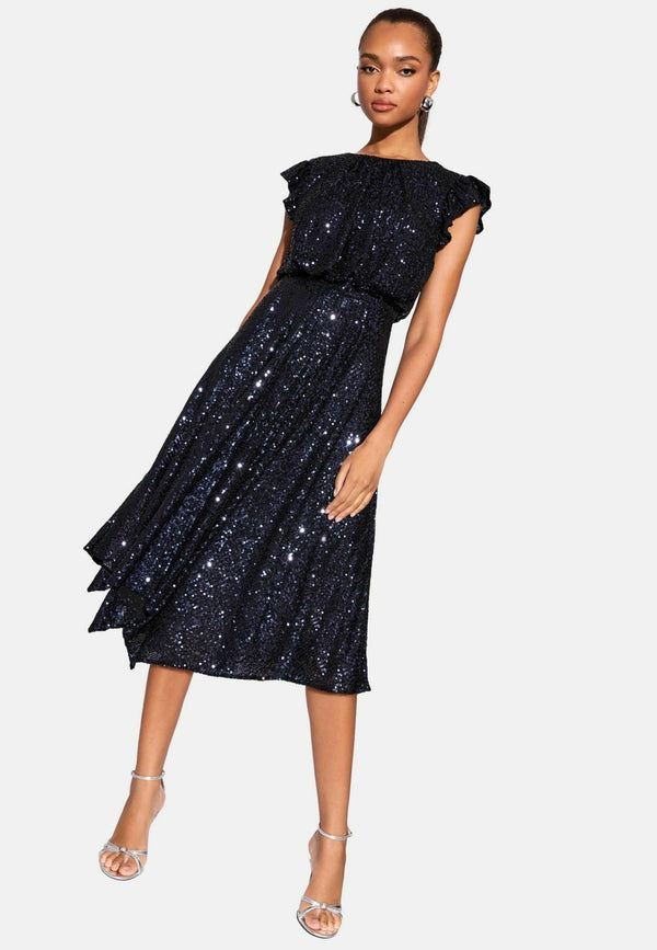REGULAR FIT - SEQUIN HIGH LOW FIT AND FLARE MIDI - Robe de soirée - navy